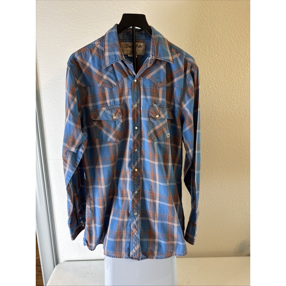 Wrangler Men's Pearl Snap Shirt Blue Plaid Long Sleeve Size L